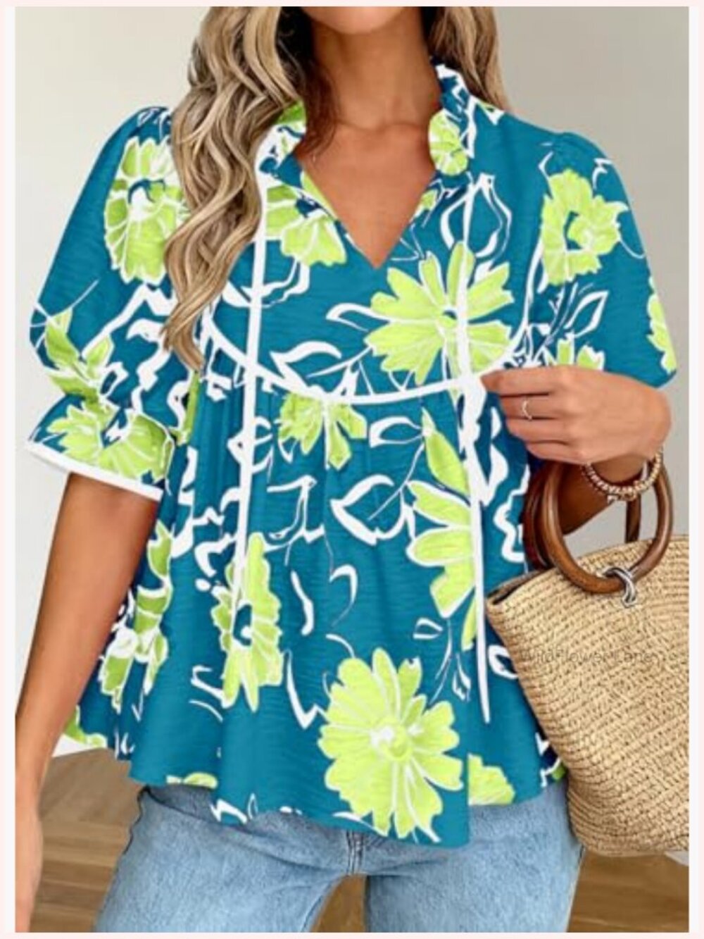 Ruffle Puff Sleeve V Neck Babydoll Tunic Top Blouse Boho Floral Peplum Shirt - Picture 5 of 7